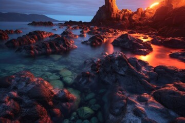 Fototapeta premium glowing lava illuminates rocky shoreline at night