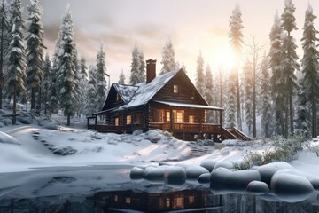 log cabin nestled in a snowy forest landscape