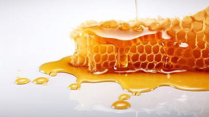 wax honeycombs are poured with honey on a white background. Generative Ai. 