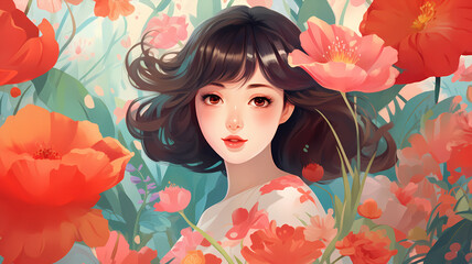 Hand-drawn cartoon beautiful illustration of a girl in ancient Chinese costume among flowers	
