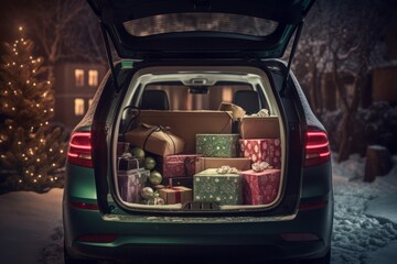  Open Trunk of a Car Filled with Christmas Presents, Greeted by a Waving Santa Claus. Holiday Spirit, Gifts, and Excitement in the Air