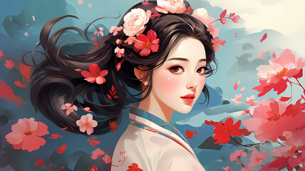 Fototapeta premium Hand-drawn cartoon beautiful illustration of a girl in ancient Chinese costume among flowers 