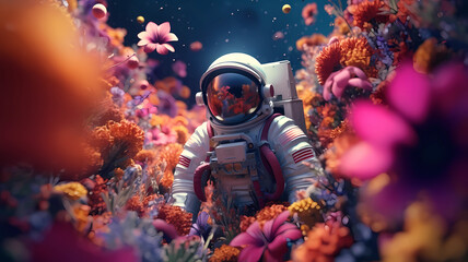 Obraz premium hand drawn cartoon beautiful spaceman illustration design in beautiful flowers 