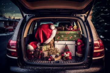  Open Trunk of a Car Filled with Christmas Presents, Greeted by a Waving Santa Claus. Holiday Spirit, Gifts, and Excitement in the Air