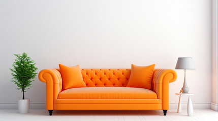 white room with orange sofa lamp and tropical plants. Generative Ai. 