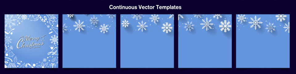 Set of 5 Teal Blue Christmas Social Media Template for Carousel Ads with copy space. 3D White Snowflake design for carousel layout with Merry Christmas greeting card. Vector Illustration. EPS 10. © Ja Creatives