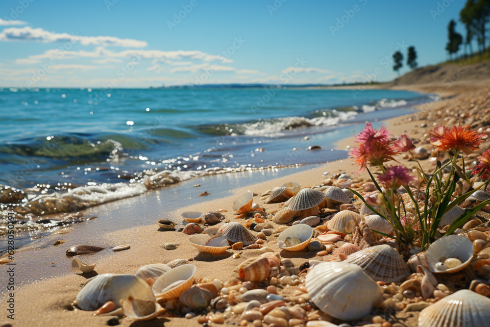 Poster a serene beachside morning, with seashells scattered along the shore and the gentle sound of waves c