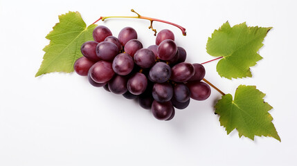 bunch of red grapes with green leaves on a white background. Generative Ai. 