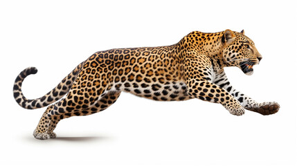 leopard in a jump on a white background. Generative Ai. 
