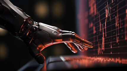 Estores personalizados com sua foto bot robot android hand touching control panel stock charts. AI generative.