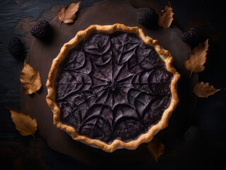 Fototapeta premium Blackberry pie with spider web. Halloween dessert.