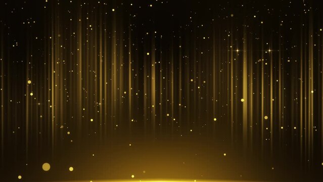 Golden particles streaks flow luxury digital particle wave motion, luxury stripes keep falling. particle light rising, stripe background. ceremony, awards party, stage, awards gala show.