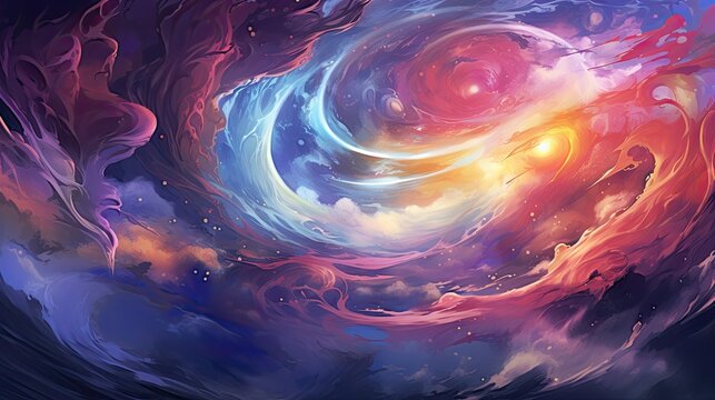 Spectacular abstract outer space background in neon glow colors. Cosmic galaxy digital wallpaper. AI illustration for party, brochures, posters, event, carnival, celebration, anniversary or other. 