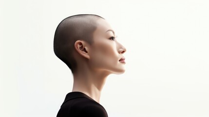 Emotional portrait of a bald Asian woman on white background