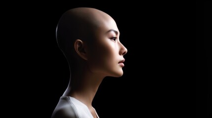 Emotional portrait of a bald Asian woman on black background
