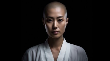 Obraz premium Emotional portrait of a bald Asian woman on black background