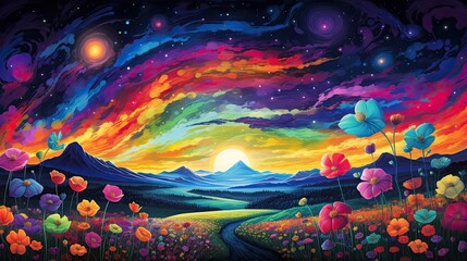 Abstract cosmic landscape of field with blossoming flowers, magical galaxy space or universe. Floral AI illustration. Digital art..