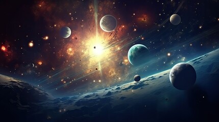 Spectacular abstract outer space background in neon glow colors. Cosmic galaxy digital wallpaper. AI illustration for party, brochures, posters, event, carnival, celebration, anniversary or other. 