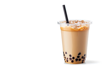 iced milk tea and bubble boba in the plastic glass on the white background with copy space