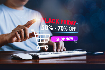 Black Friday Online Shopping, Man Scoring Big Discounts on Virtual Screen