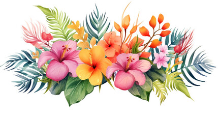 beautiful floral arrangement with tropical plants and flowers on a white background. Generative Ai. 