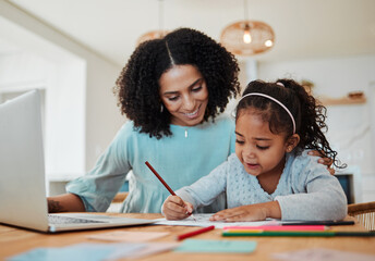 Homework, education and mother with girl writing for learning, child development and studying. Family, school and happy mom with kid at table with paper for creative lesson, growth and knowledge
