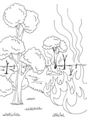 Fototapeta na wymiar Wildfire graphic black white forest fire landscape vertical sketch illustration vector 