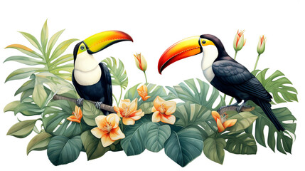 two toucans on a branch in the jungle on a white background for your design. Generative Ai. 