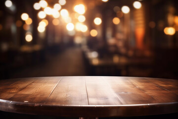 Obraz premium Empty round oak wood table top, blurred background in a bar or restaurant 