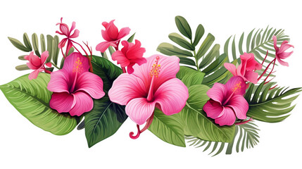 floral arrangement of tropical leaves and various flowers on a white background. Generative Ai. 