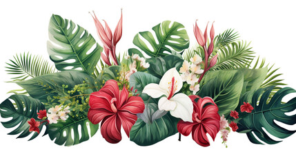 beautiful floral arrangement with tropical leaves and flowers on a white background for your design. Generative Ai. 