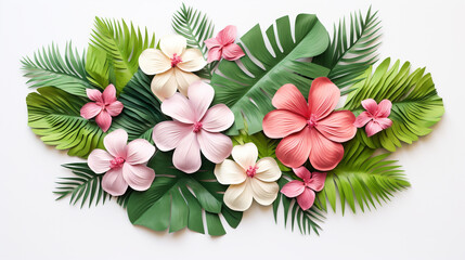 Floral arrangement with tropical flowers and leaves on a white background. Generative Ai. 