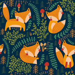 Seamless pattern with cute fox. Vector illustration.