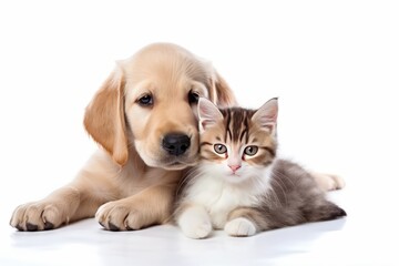 Cute little kitten cat and cute puppy dog together isolated on white background