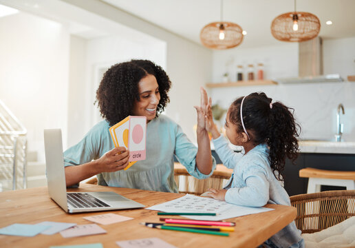 High five, homework success or mother with happy kid in celebration of learning shapes, goals or test quiz. Teamwork, smile or proud mom teaching kindergarten girl or child with support or motivation