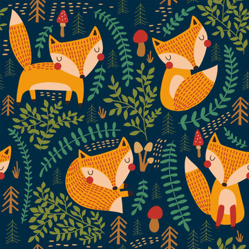 Seamless pattern with cute fox. Vector illustration.