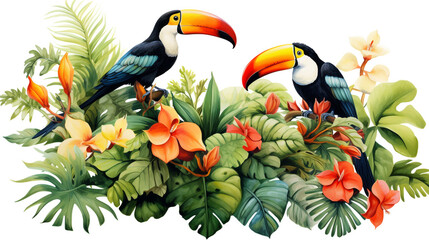 Obraz premium two toucans on a branch with flowers in the jungle, white background. colorful illustration. Generative Ai. 