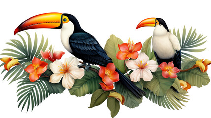 colorful illustration with two toucans on a branch, white background. Generative Ai. 