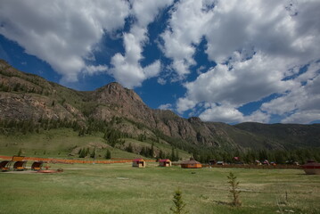 Tourist base at the foot of the mountain, Altai.
