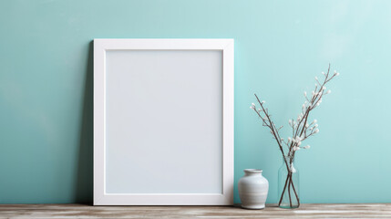 White picture frame mockup on wood table with home decoration, Afternoon light by the window.