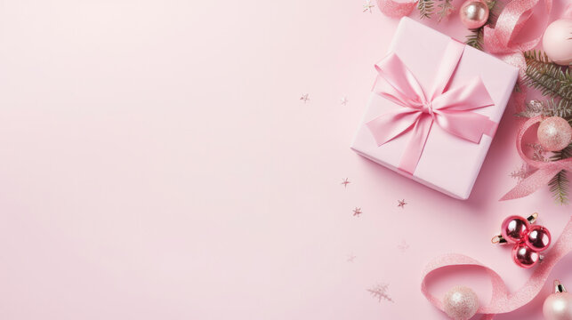 Top view of pink gift box with copy space, golden decorations on background.