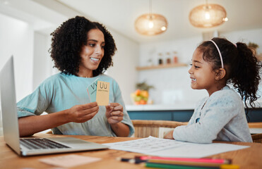 Homework, alphabet card and mother with girl for learning, child development and teaching at home....