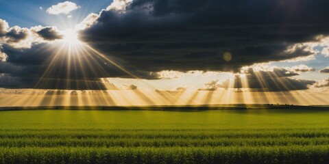 landscape with big crop fields with sunrays  through the clouds
