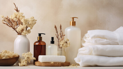 Obraz na płótnie Canvas Bathing products in bathroom and spa shampoo with shower gel for cosmetics, by AI Generative.