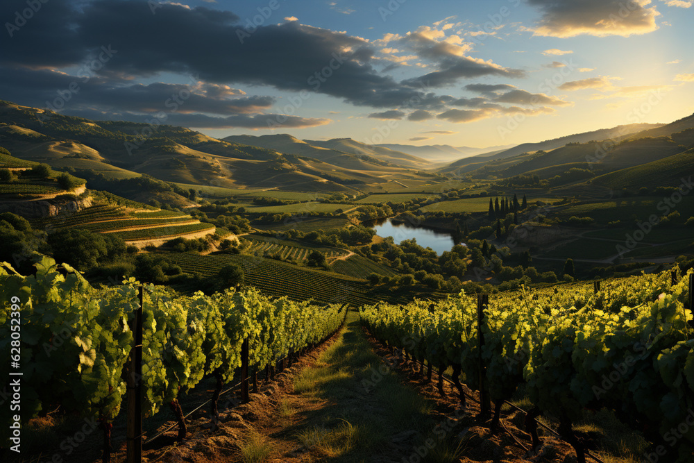 Poster A picturesque vineyard at dusk, with rows of grapevines and a tranquil ambiance as the sun sets behind the hills.  Generative AI technology.