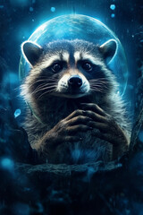 Obraz premium A Serene Raccoon Gazing into a Blue Clear Crystal Ball, Enveloped in Magic AI generated