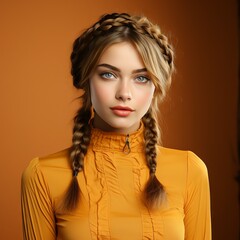 Portrait of attractive girl with stylish evening hairstyle with braids, orange background. Fashion model girl with professional makeup and creative hairstyle.