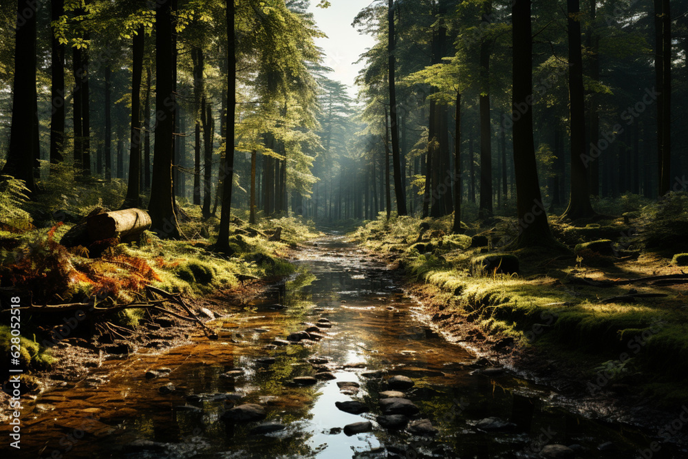 Fototapete A calm forest at dusk, with rays of sunlight filtering through the trees and creating a serene and magical atmosphere.  Generative AI technology.