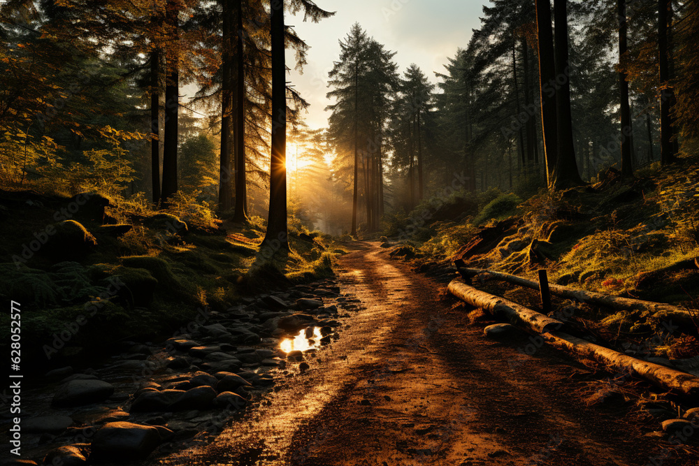 Aufkleber a calm forest at dusk, with rays of sunlight filtering through the trees and creating a serene and m