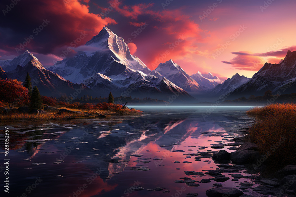 Leinwandbilder a tranquil mountain evening, with the fading light casting a soft glow on the rugged peaks and valle
